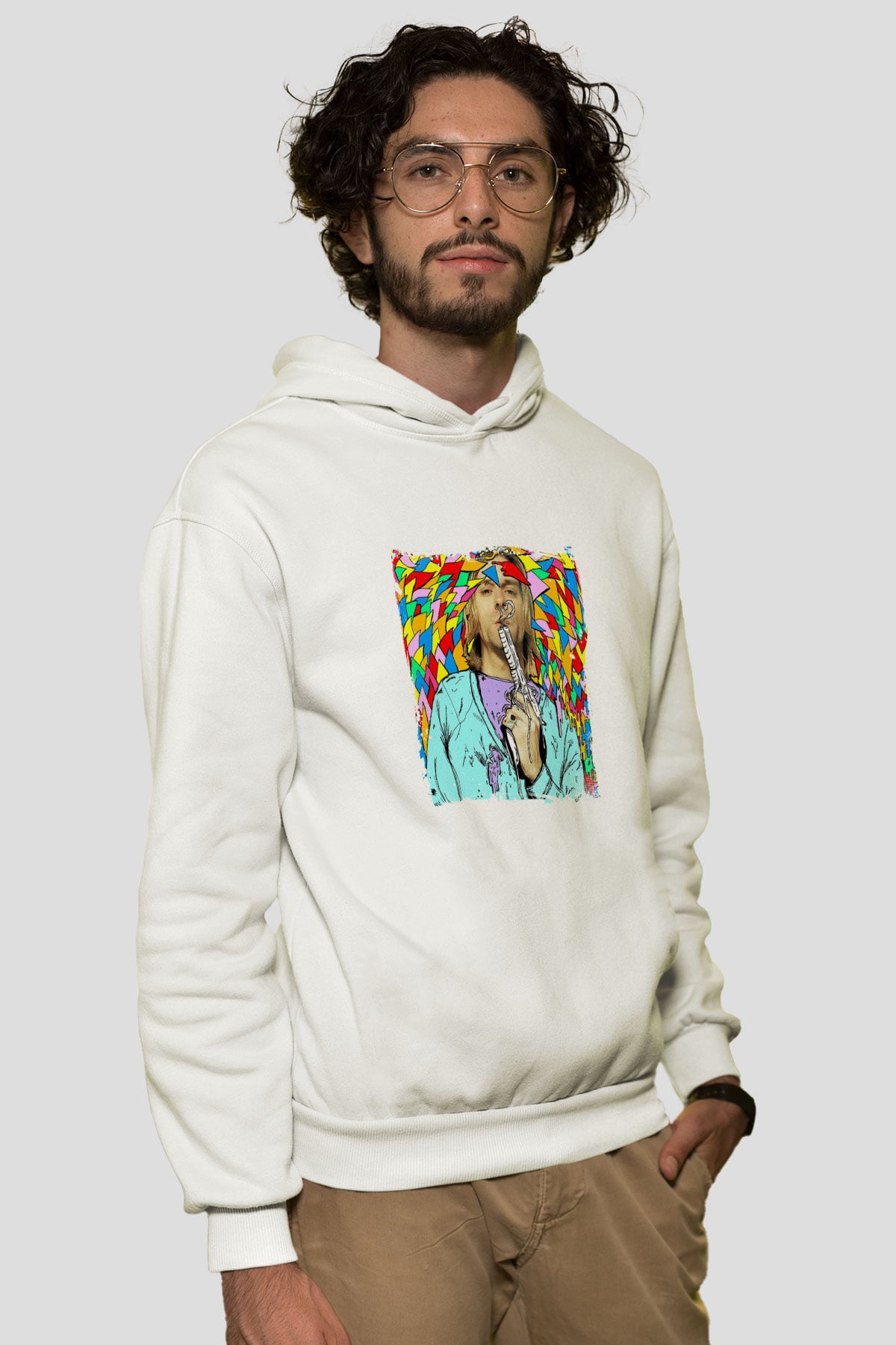 Kurt Cobain Unisex Baskılı Beyaz Kapüşonlu Sweatshirt