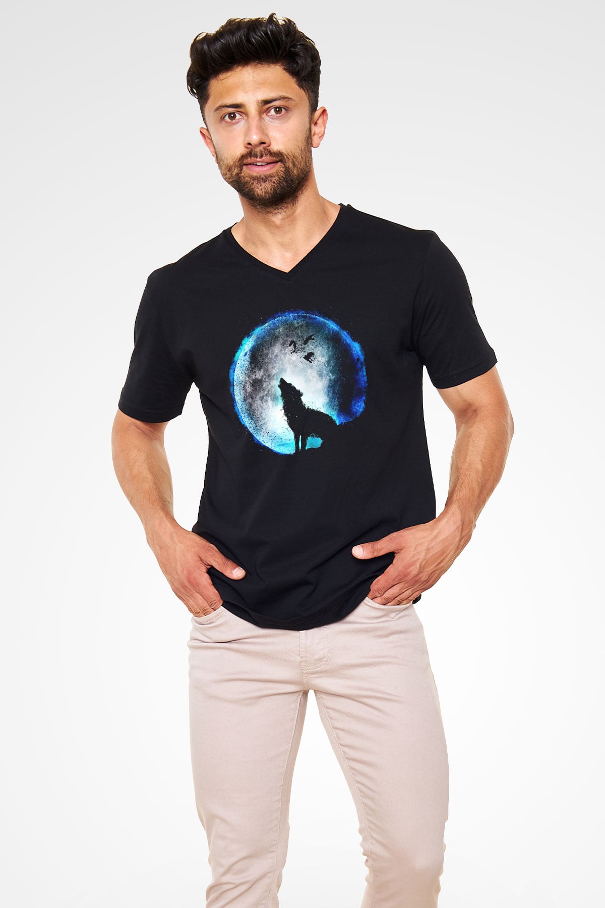 Kurt Siyah Unisex V Yaka Tişört