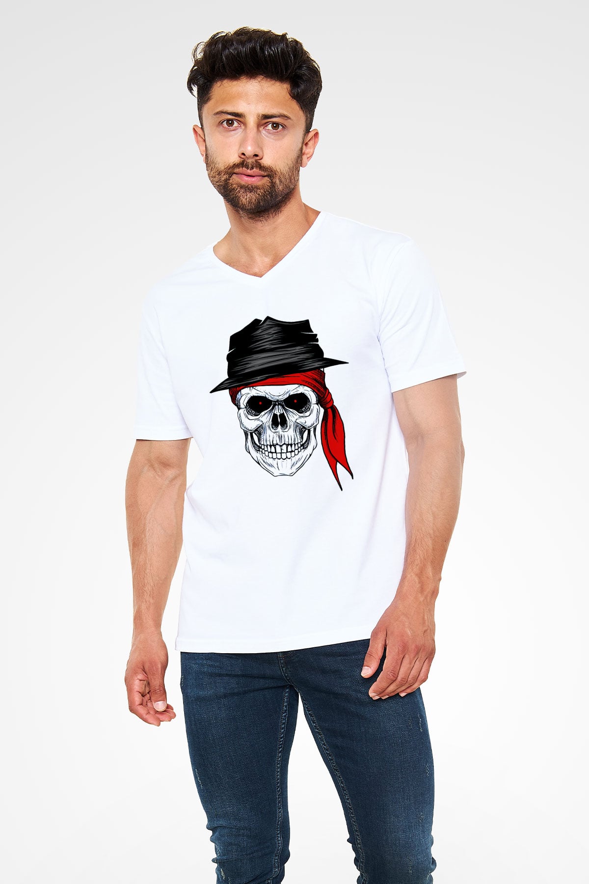 Kuru Kafa Baskılı Unisex Beyaz  V Yaka Tişört