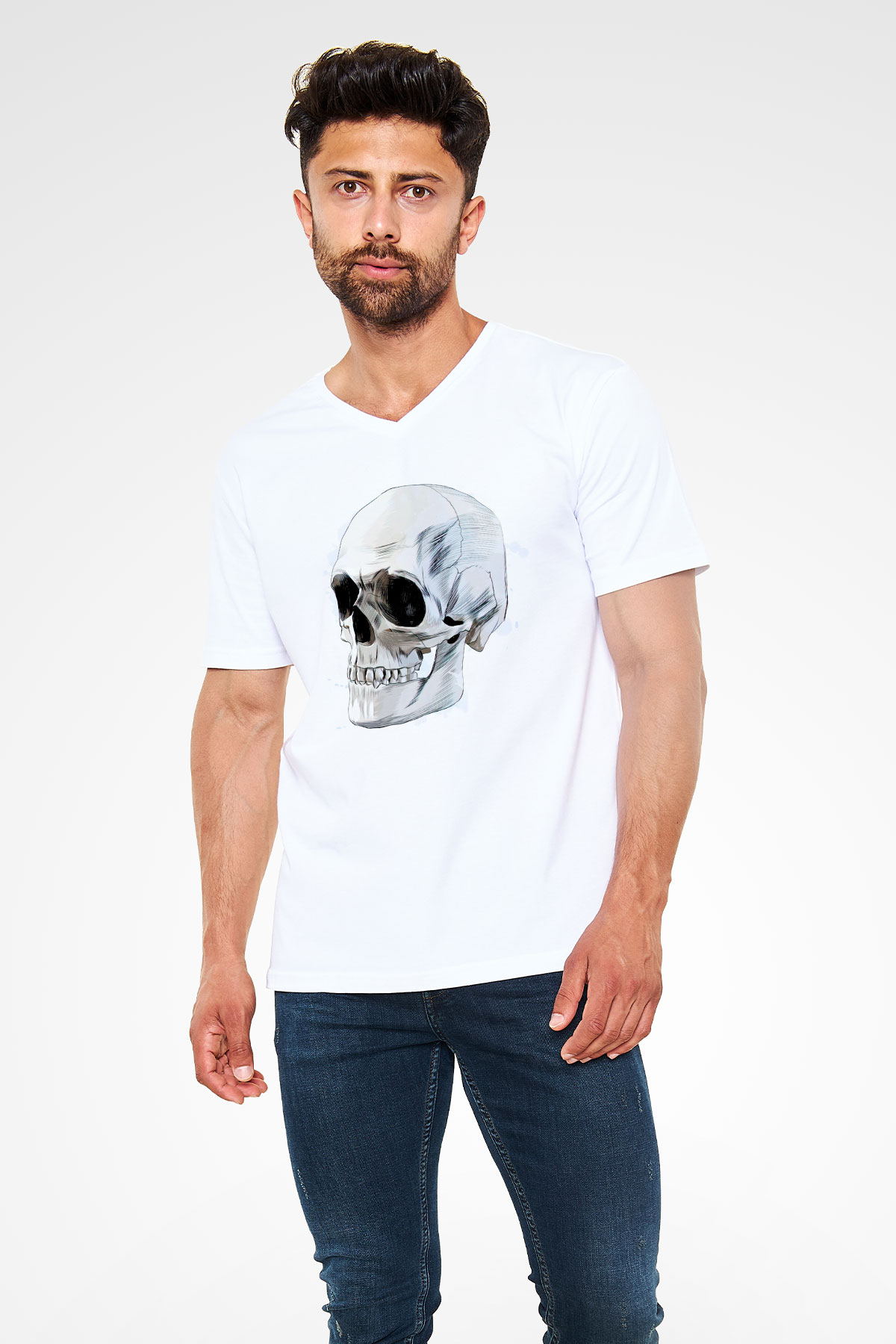 Kuru Kafa Skull Baskılı Unisex Beyaz  V Yaka Tişört