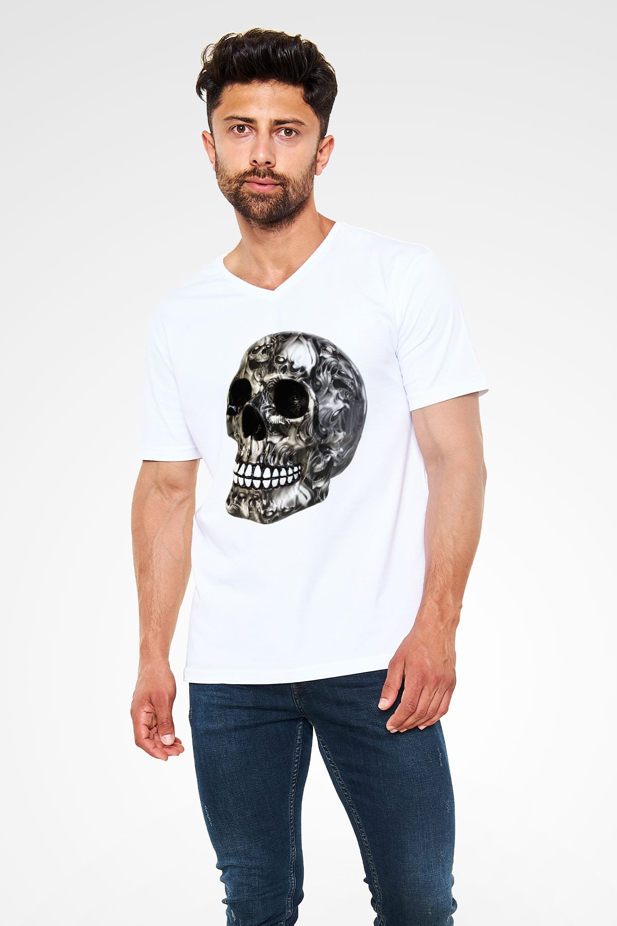 Kurukafa Baskılı Unisex Beyaz  V Yaka Tişört