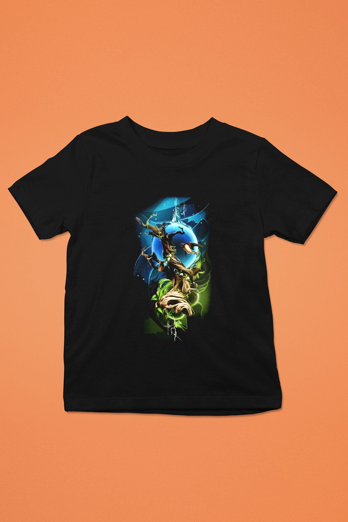 Kuş Baskılı Siyah Unisex Çocuk Tişört