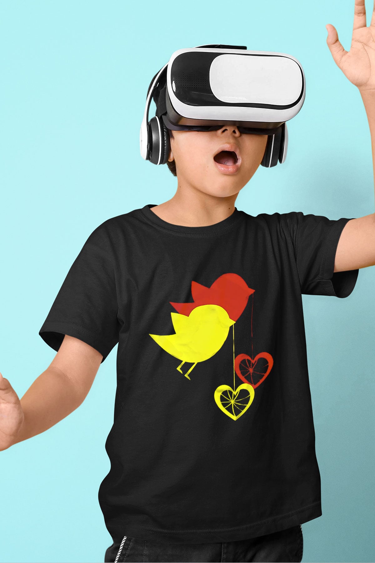 Kuş Baskılı Siyah Unisex Çocuk Tişört