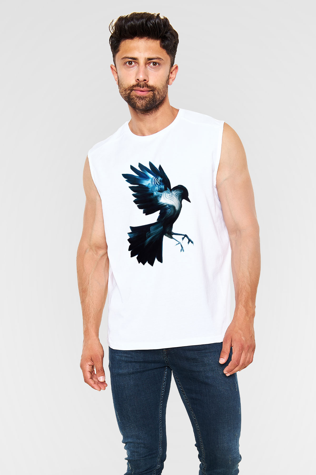 Kuş Beyaz Unisex Kolsuz Tişört