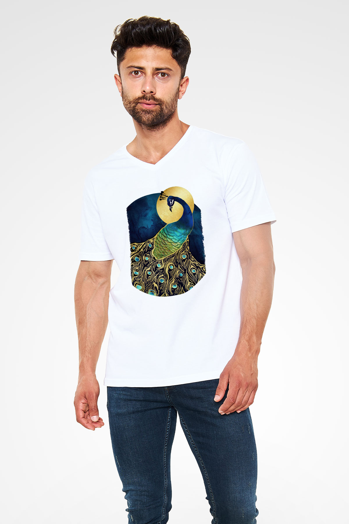 Kuş Beyaz Unisex V Yaka Tişört