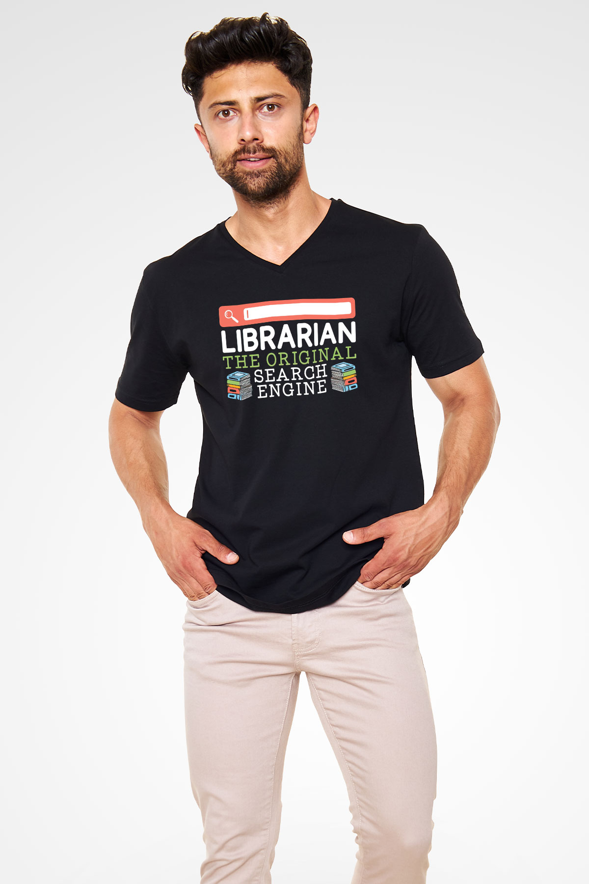 Kütüphaneci Siyah Unisex V Yaka Tişört