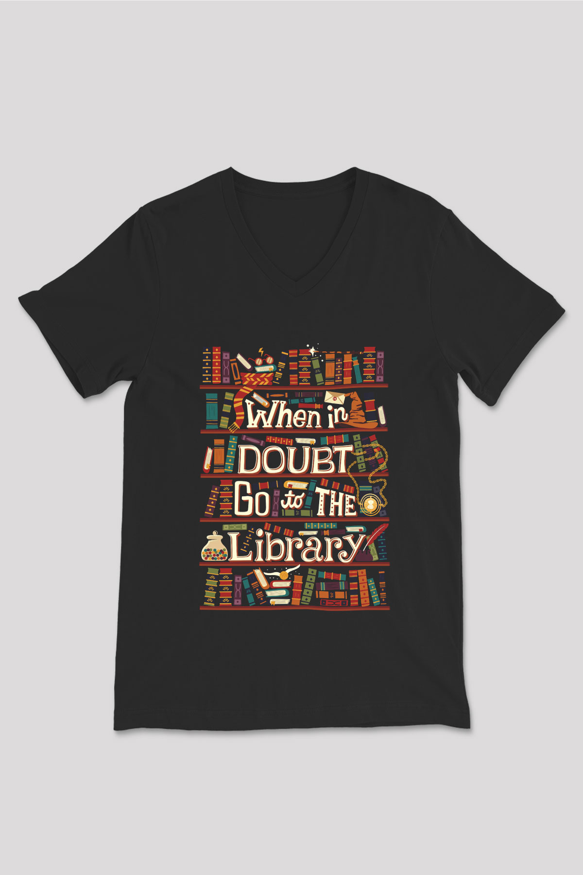 Kütüphaneci Siyah Unisex V Yaka Tişört T-Shirt