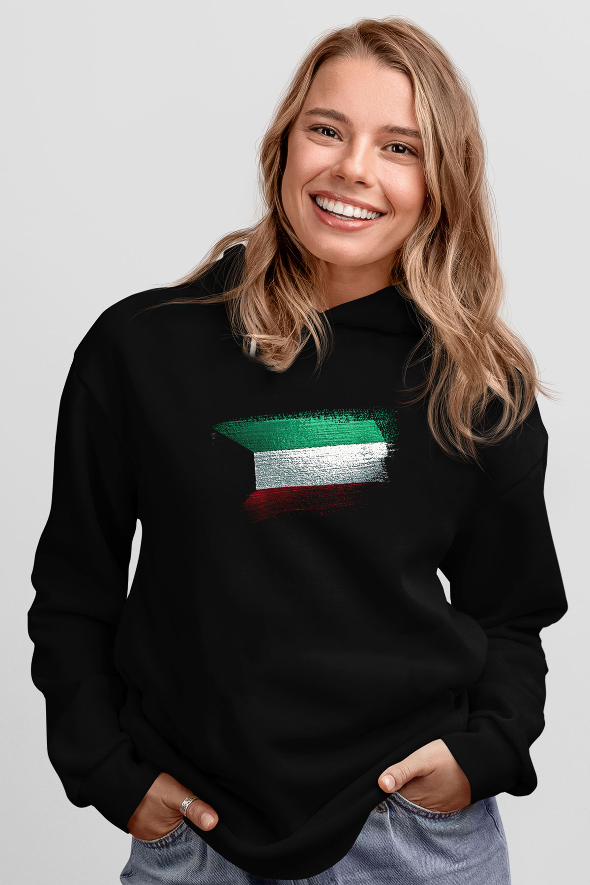 Kuveyt - Kuwait Bayrağı Baskılı Unisex Siyah Kapüşonlu Sweatshirt
