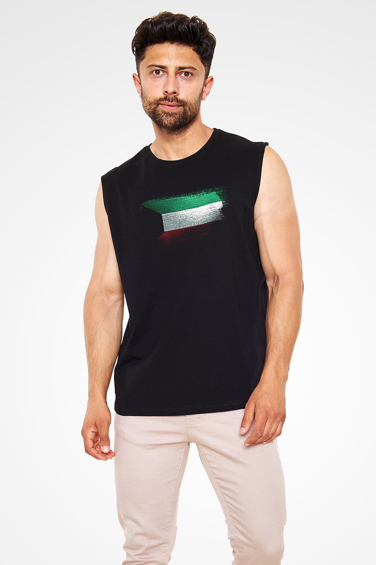 Kuveyt - Kuwait Bayrağı Baskılı Unisex Siyah Kolsuz Tişört