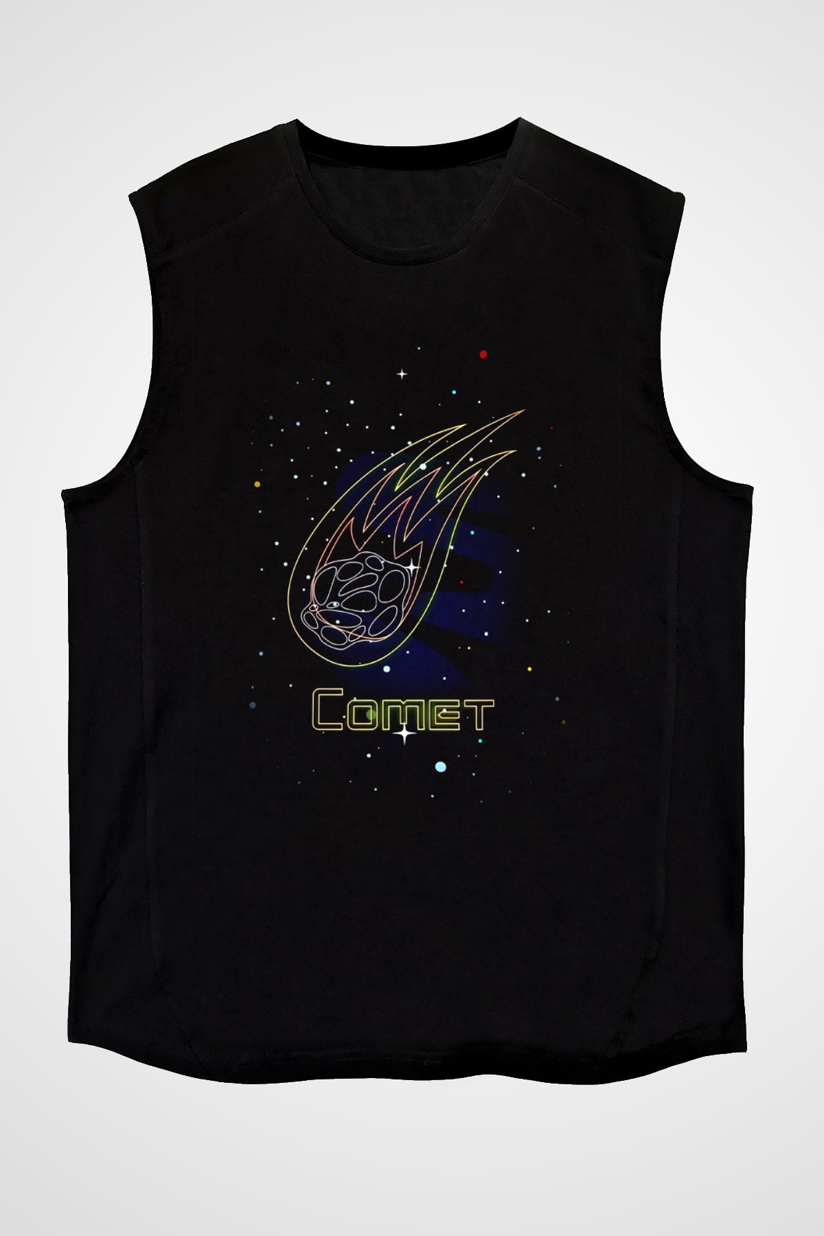 Kuyruklu Yıldız Baskılı Unisex Kolsuz Siyah Tişört - Tshirt