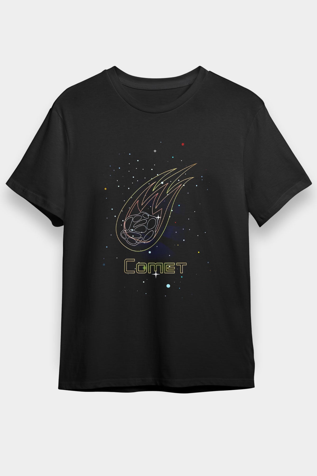 Kuyruklu Yıldız Baskılı Unisex Siyah Tişört - Tshirt
