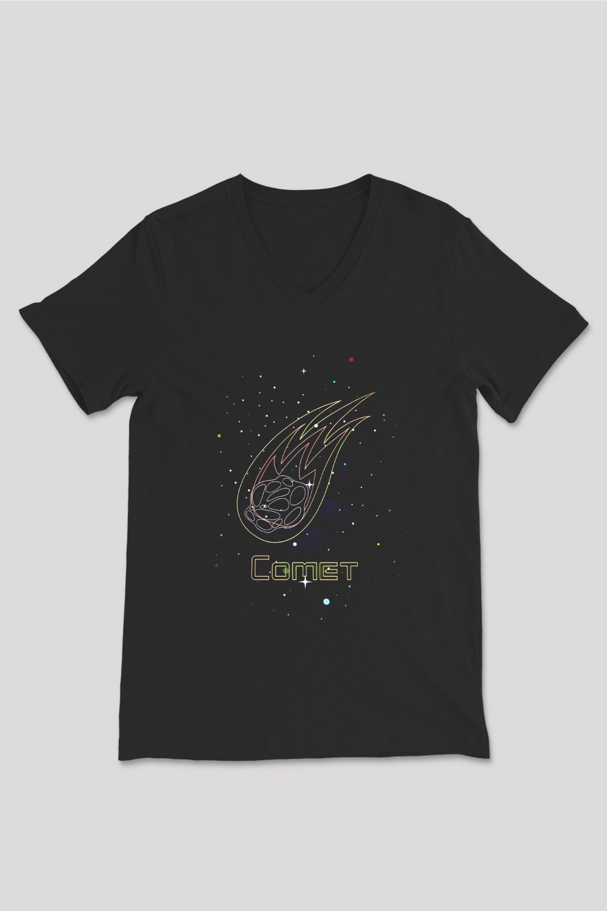 Kuyruklu Yıldız Baskılı Unisex V Yaka Siyah Tİşört - Tshirt