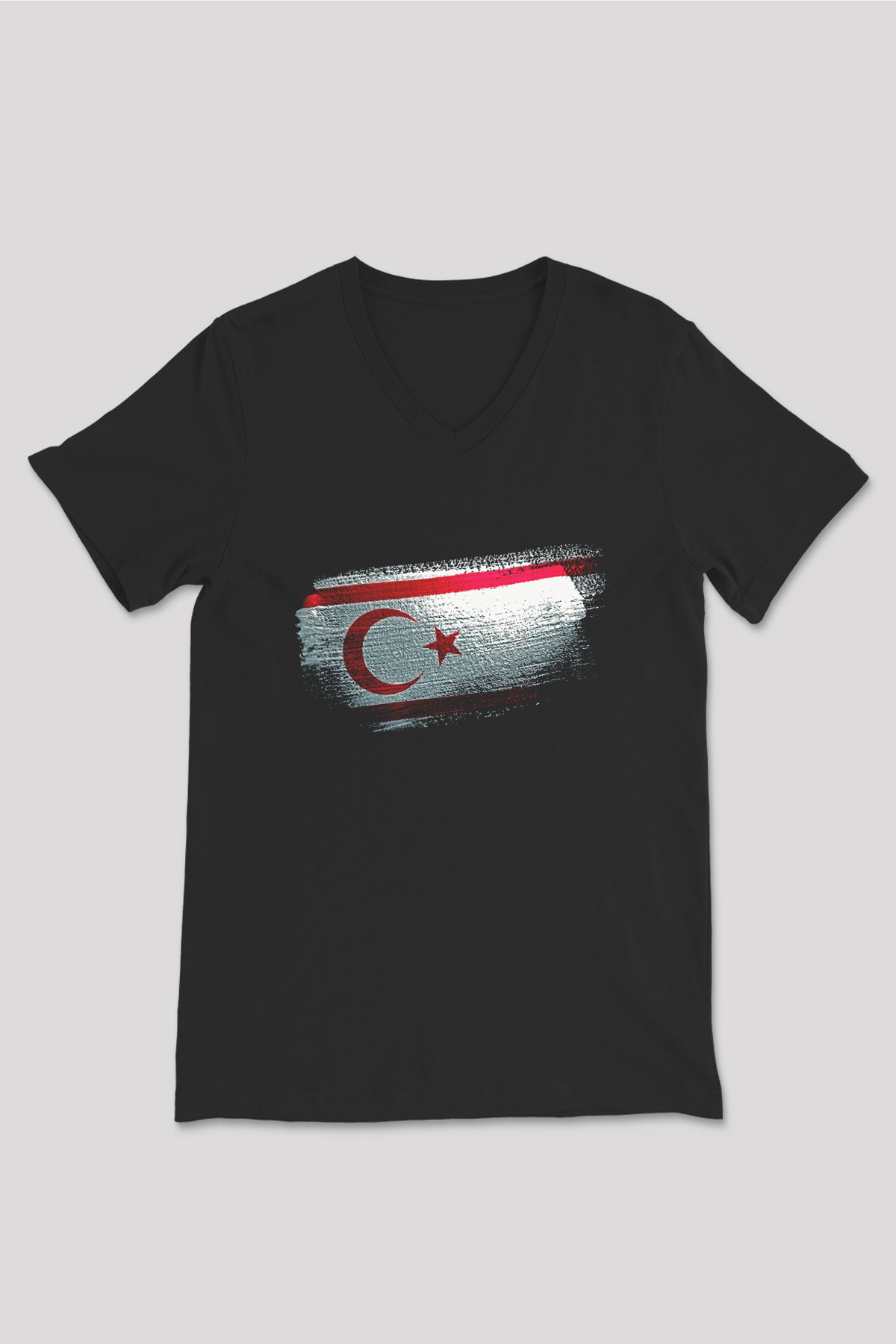 Kuzey Kıbrıs Türk Cumhuriyeti - Northern Cyprus Bayrağı Baskılı Unisex Siyah V Yaka Tişört