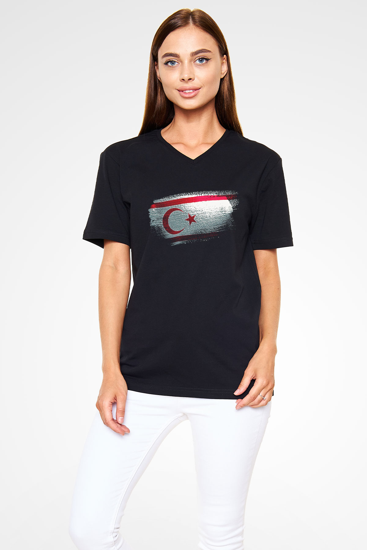 Kuzey Kıbrıs Türk Cumhuriyeti - Northern Cyprus Bayrağı Baskılı Unisex Siyah V Yaka Tişört
