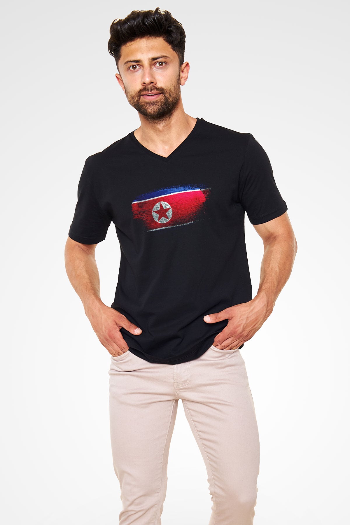 Kuzey Kore - North Korea Bayrağı Baskılı Unisex Siyah V Yaka Tişört