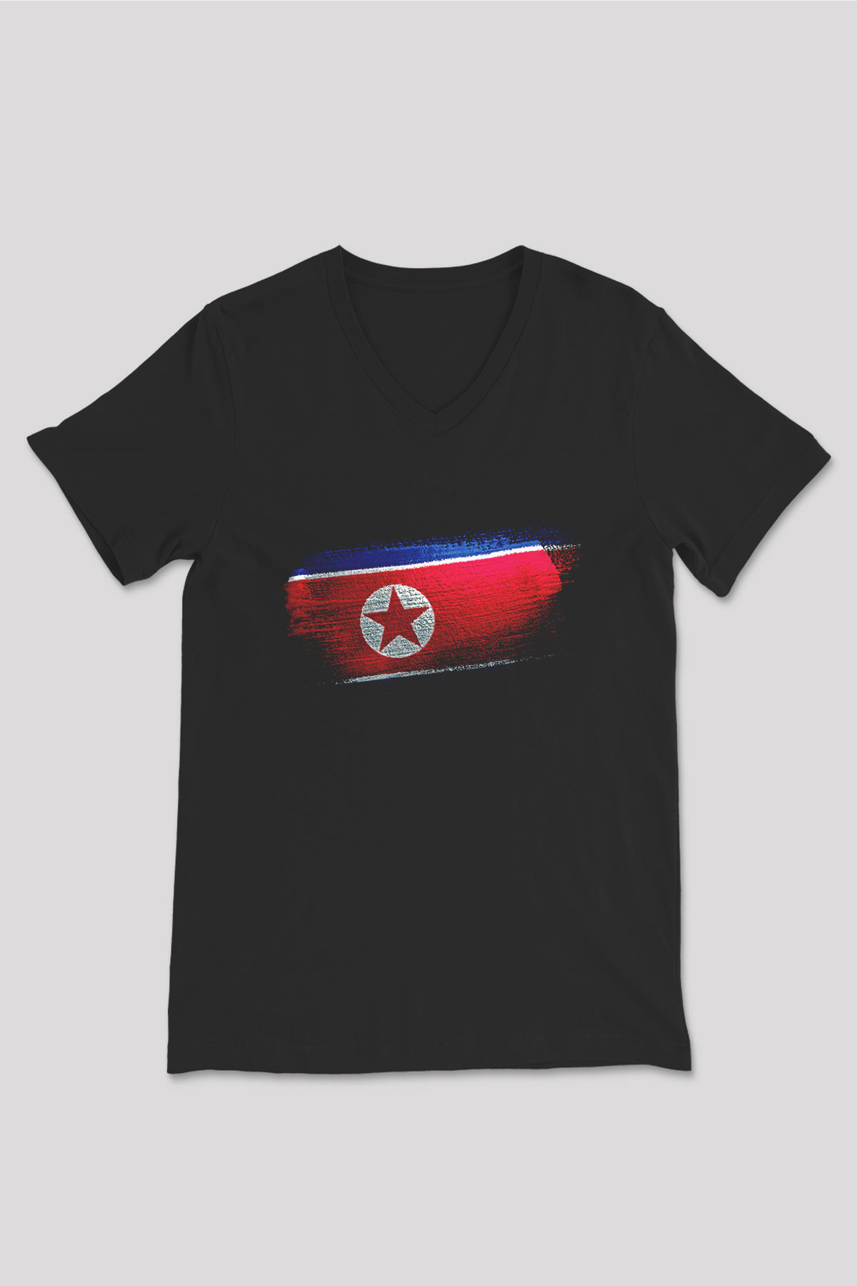 Kuzey Kore - North Korea Bayrağı Baskılı Unisex Siyah V Yaka Tişört