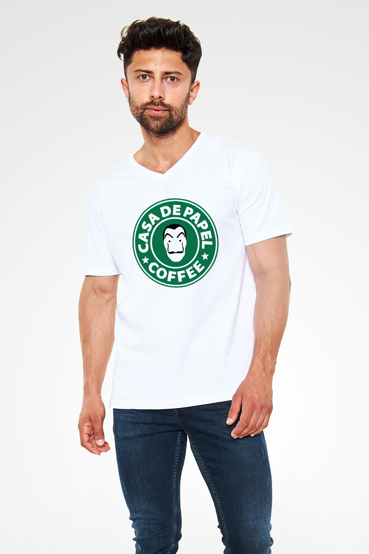La casa de papel Beyaz Unisex V Yaka Tişört T-Shirt