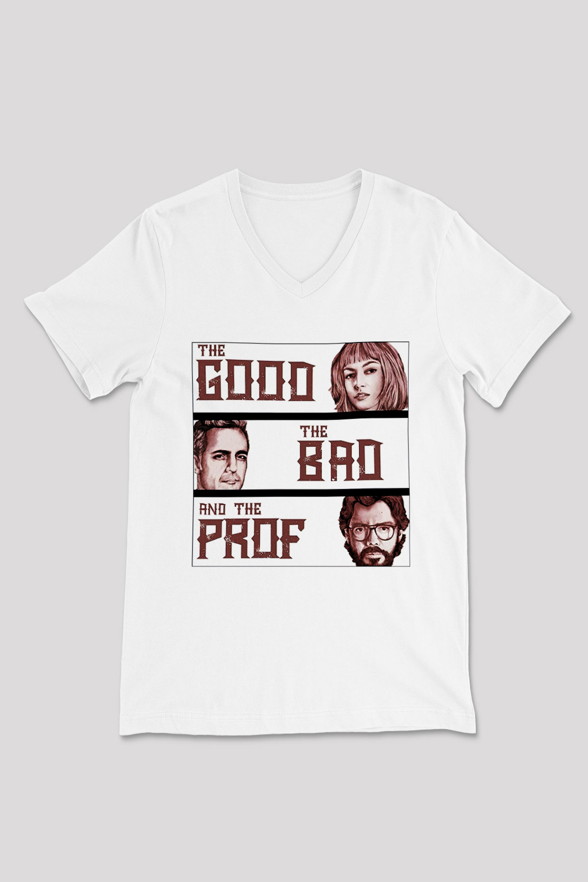 La casa de papel Beyaz Unisex V Yaka Tişört T-Shirt