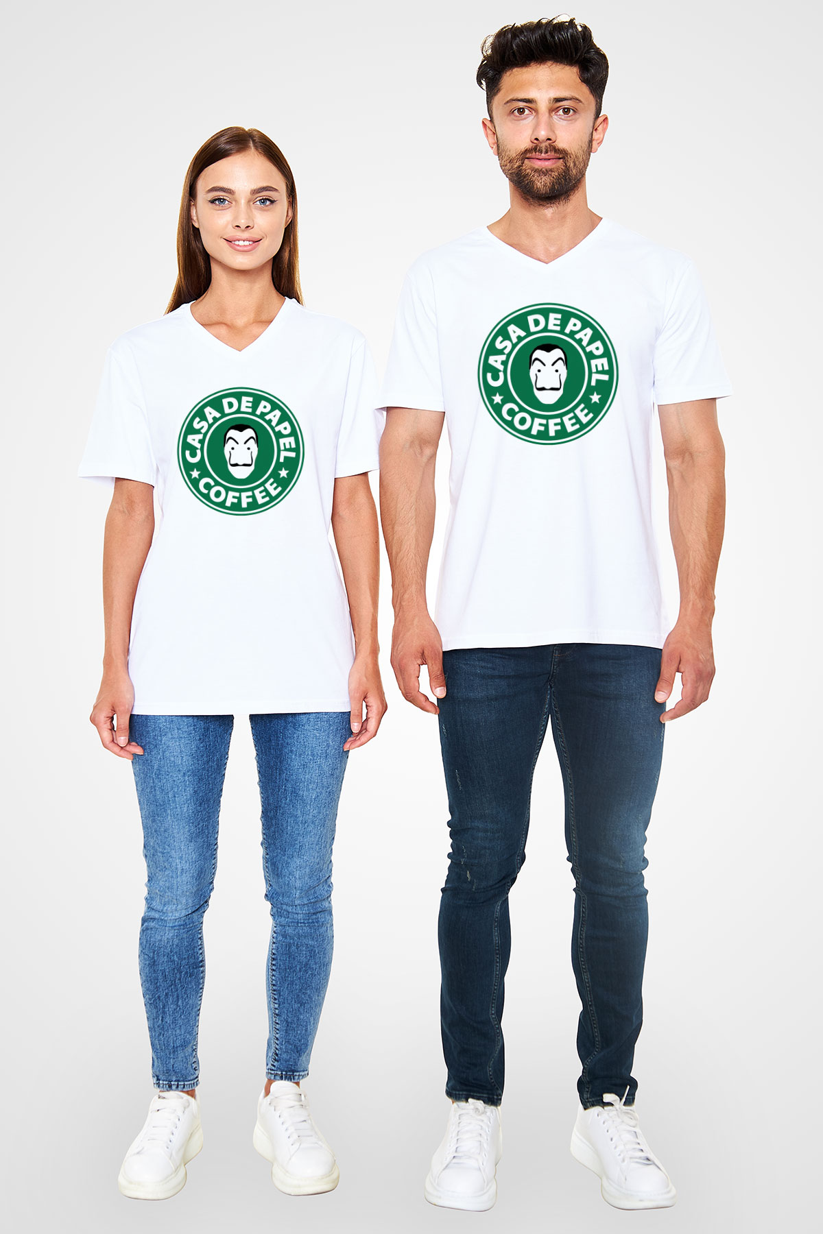 La casa de papel Beyaz Unisex V Yaka Tişört T-Shirt