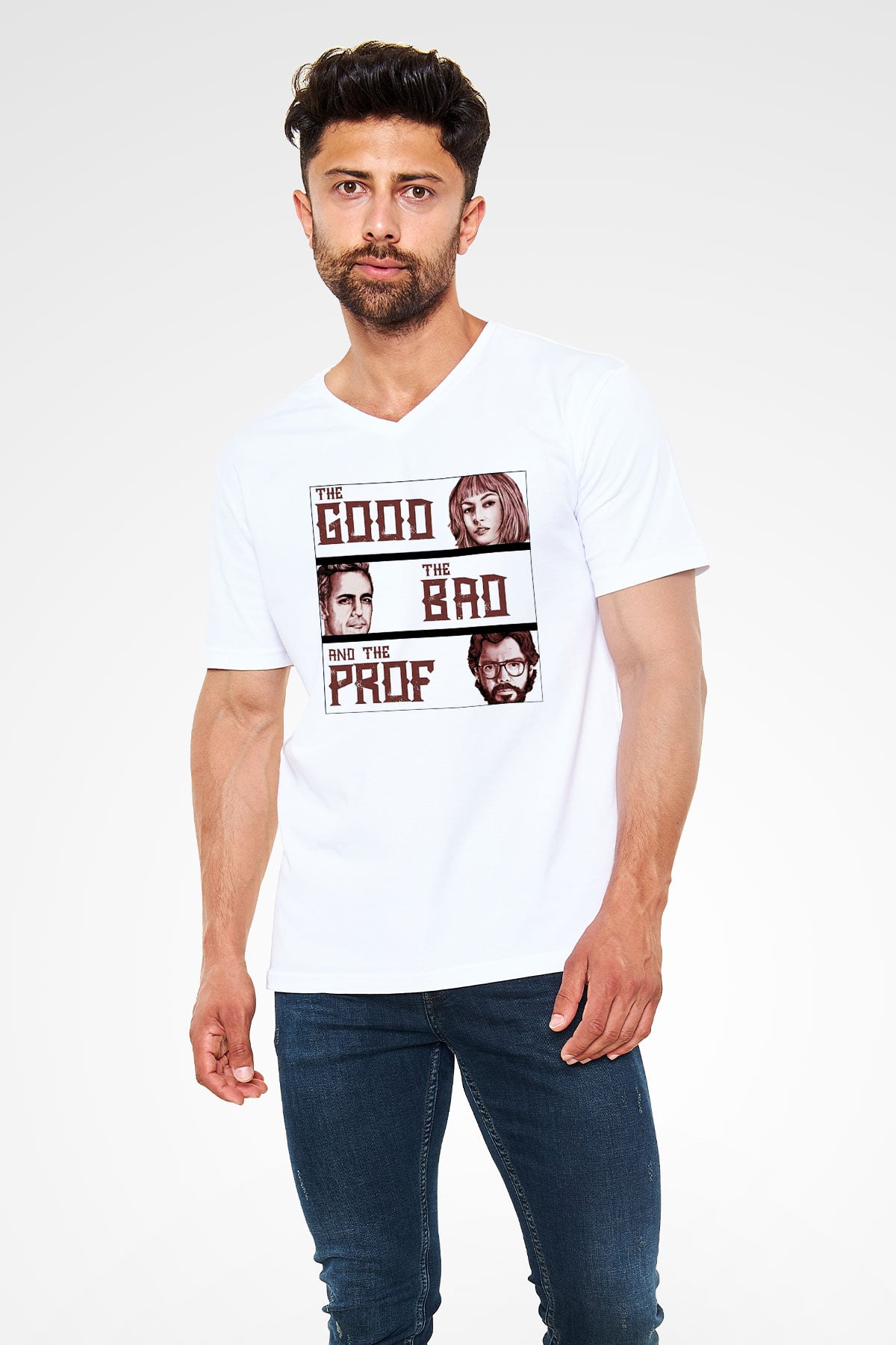 La casa de papel Beyaz Unisex V Yaka Tişört T-Shirt