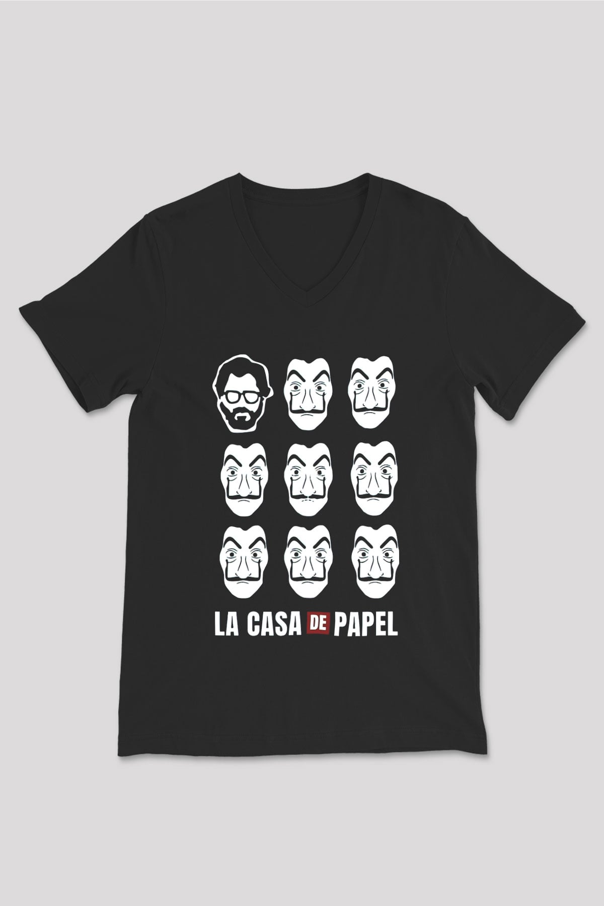La casa de papel Siyah Unisex V Yaka Tişört T-Shirt