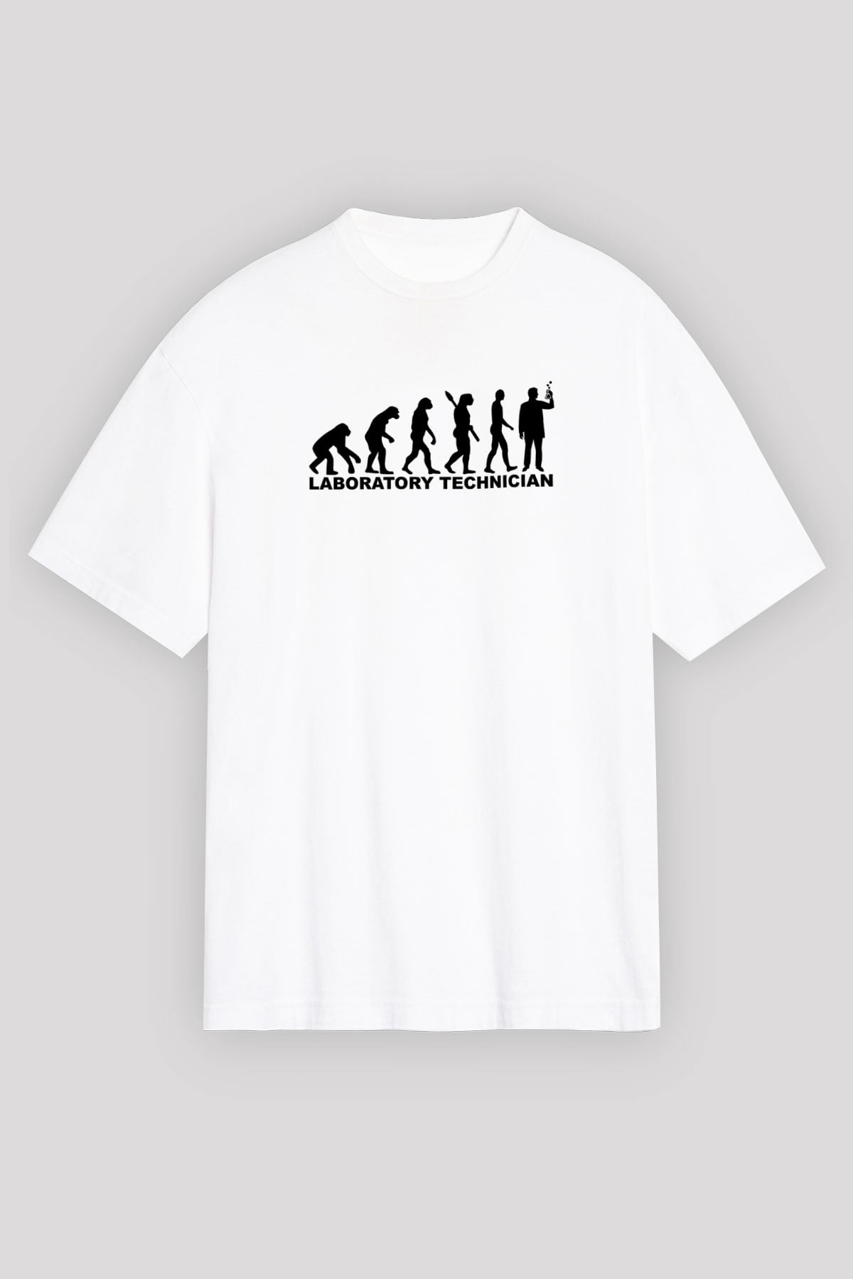 Laborant Evrimi Baskılı Unisex Oversize Beyaz Tişört - Tshirt