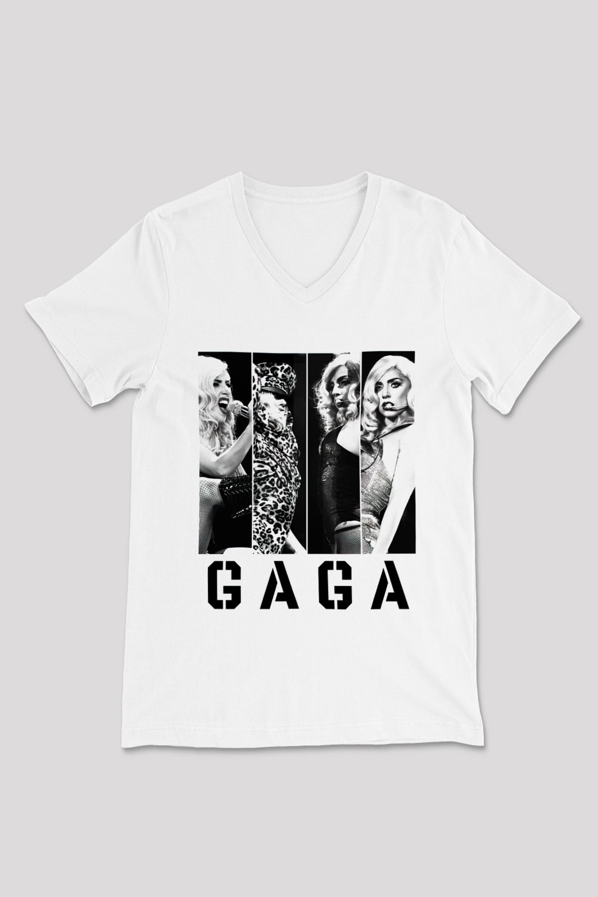 Lady Gaga Beyaz Unisex V Yaka Tişört T-Shirt