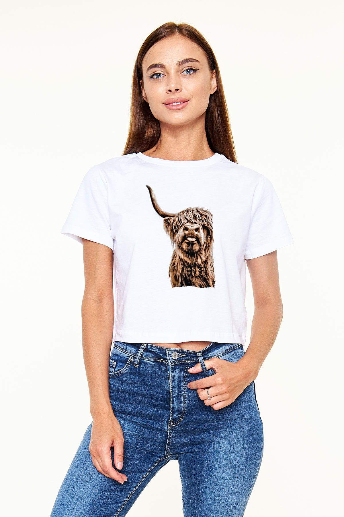 Lama Baskılı  Beyaz  Crop Top Tişört