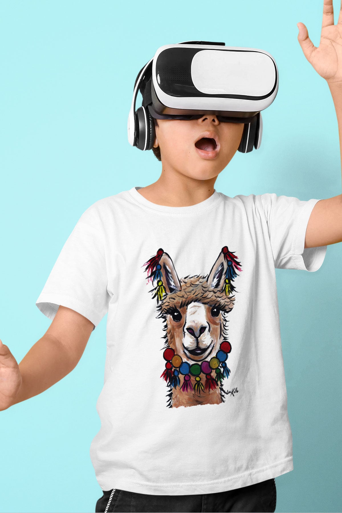 Lama Baskılı Beyaz Unisex Çocuk Tişört