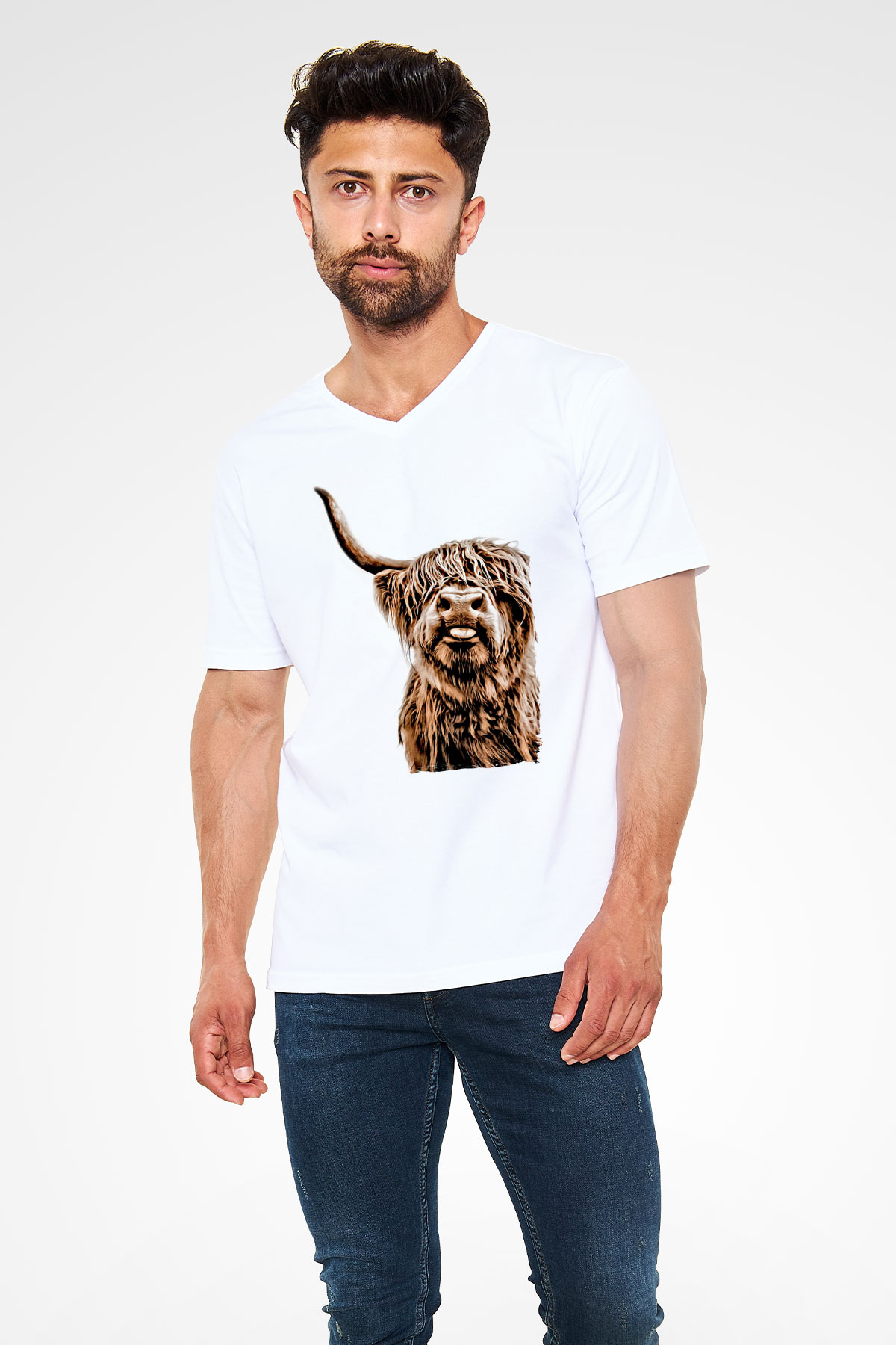 Lama Baskılı Unisex Beyaz  V Yaka Tişört