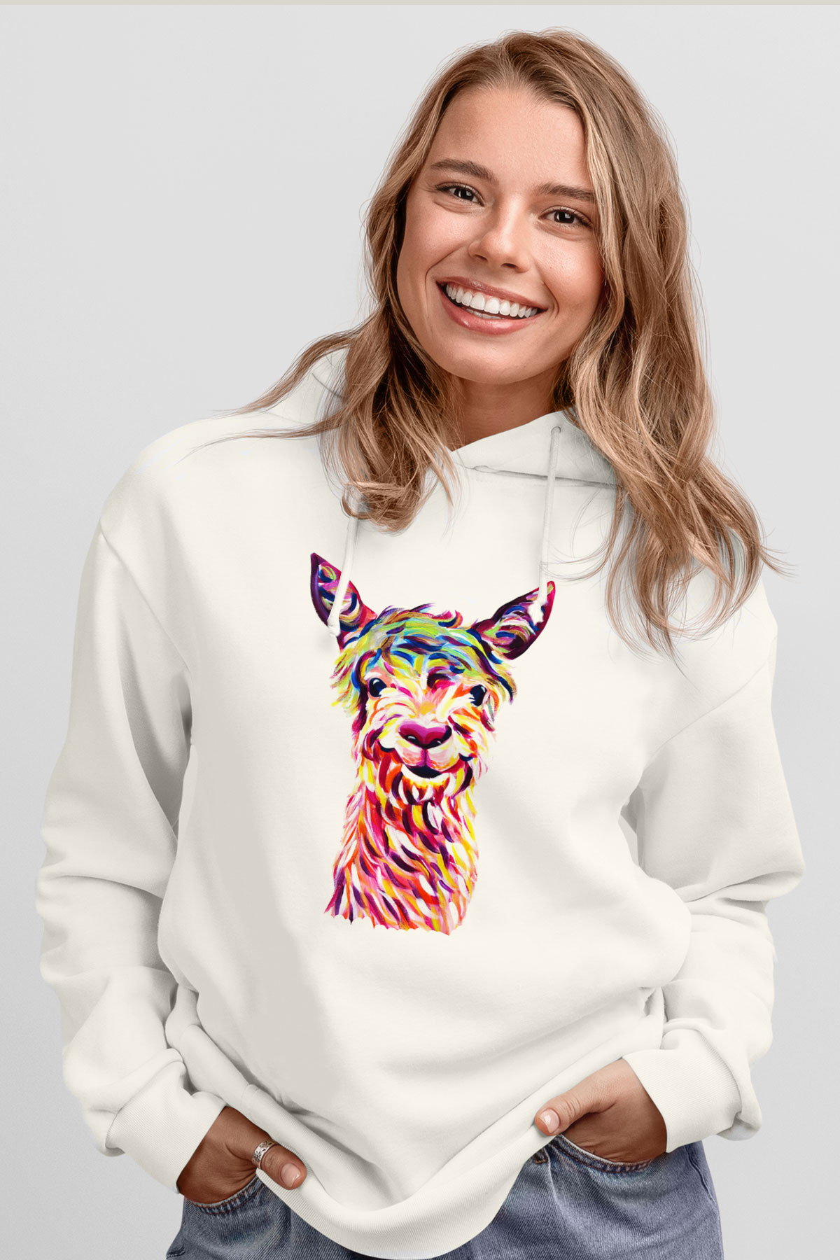 Lama Beyaz Unisex Kapşonlu Sweatshirt