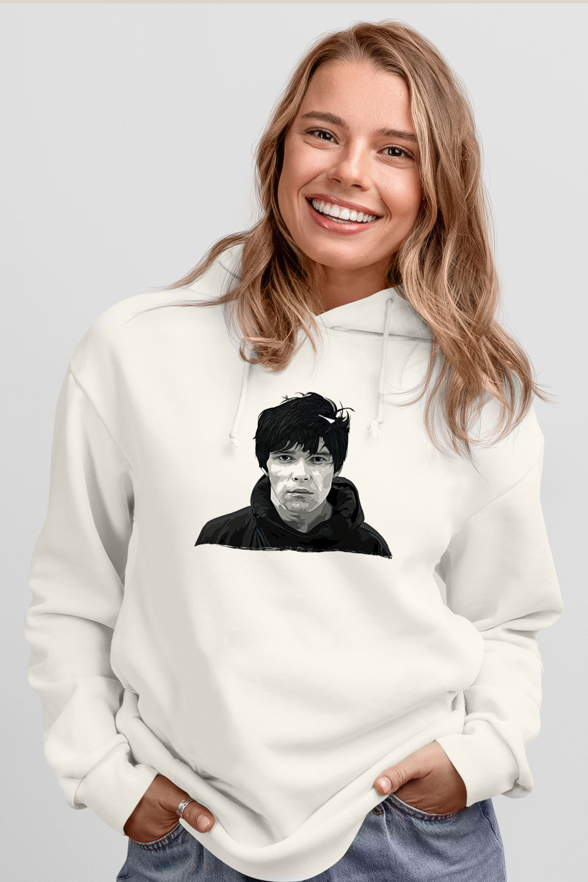 Lan Brown Baskılı Beyaz Unisex Kapüşonlu Sweatshirt