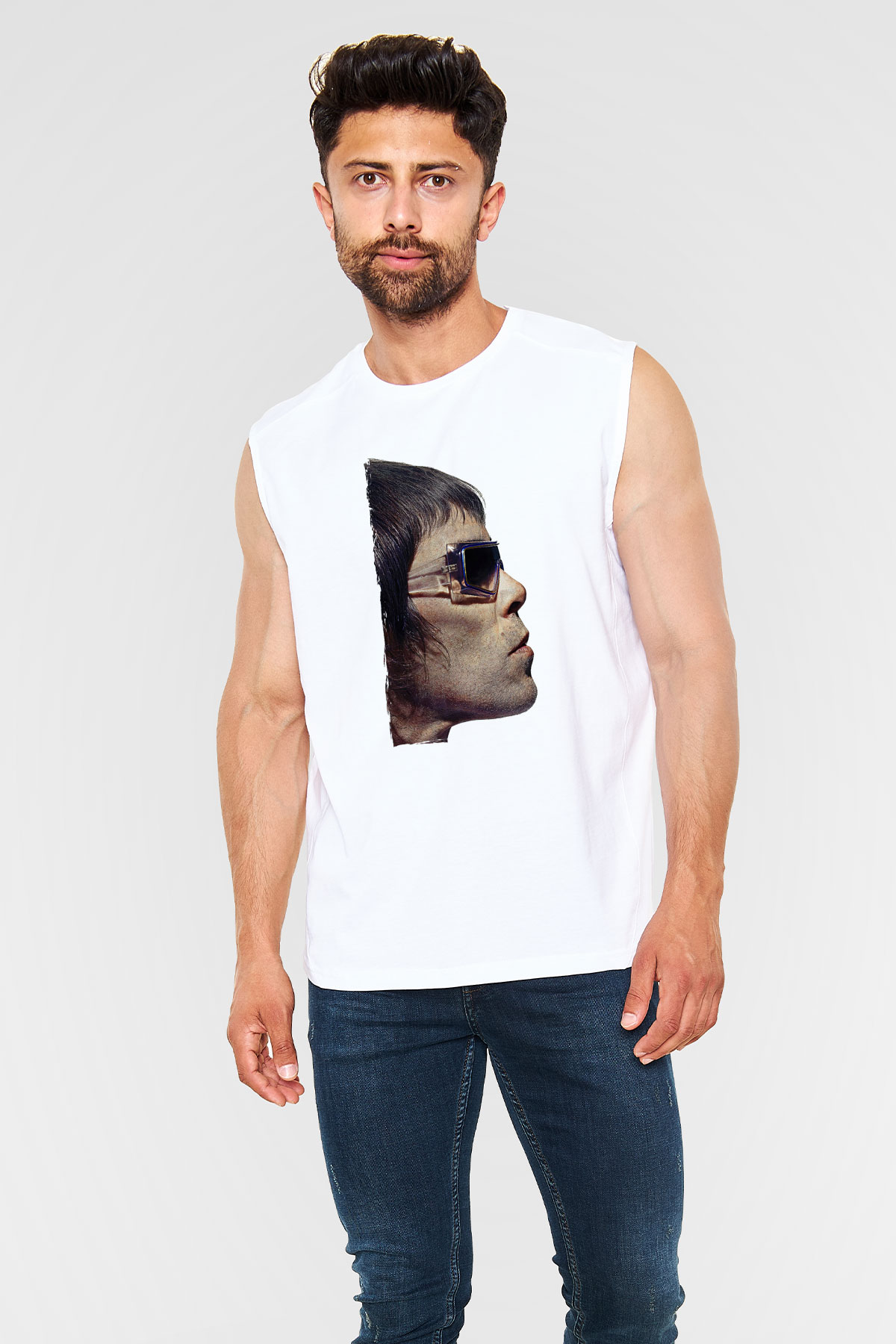 Lan Brown Baskılı Beyaz Unisex Kolsuz Tişört - Tshirt