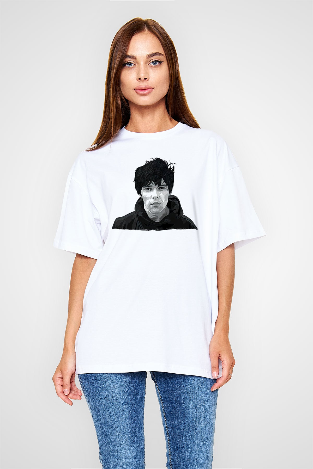 Lan Brown Baskılı Beyaz Unisex Oversize Tişört - Tshirt