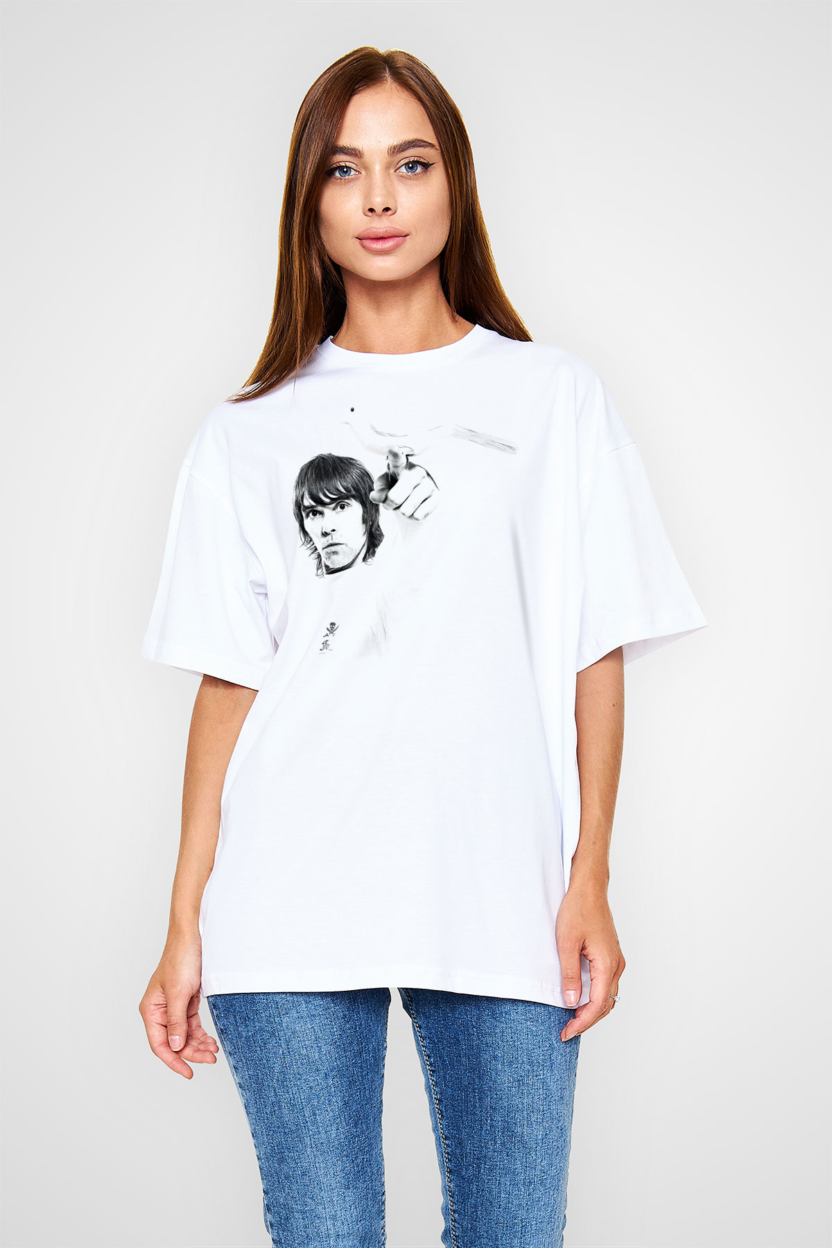 Lan Brown Baskılı Beyaz Unisex Oversize Tişört - Tshirt