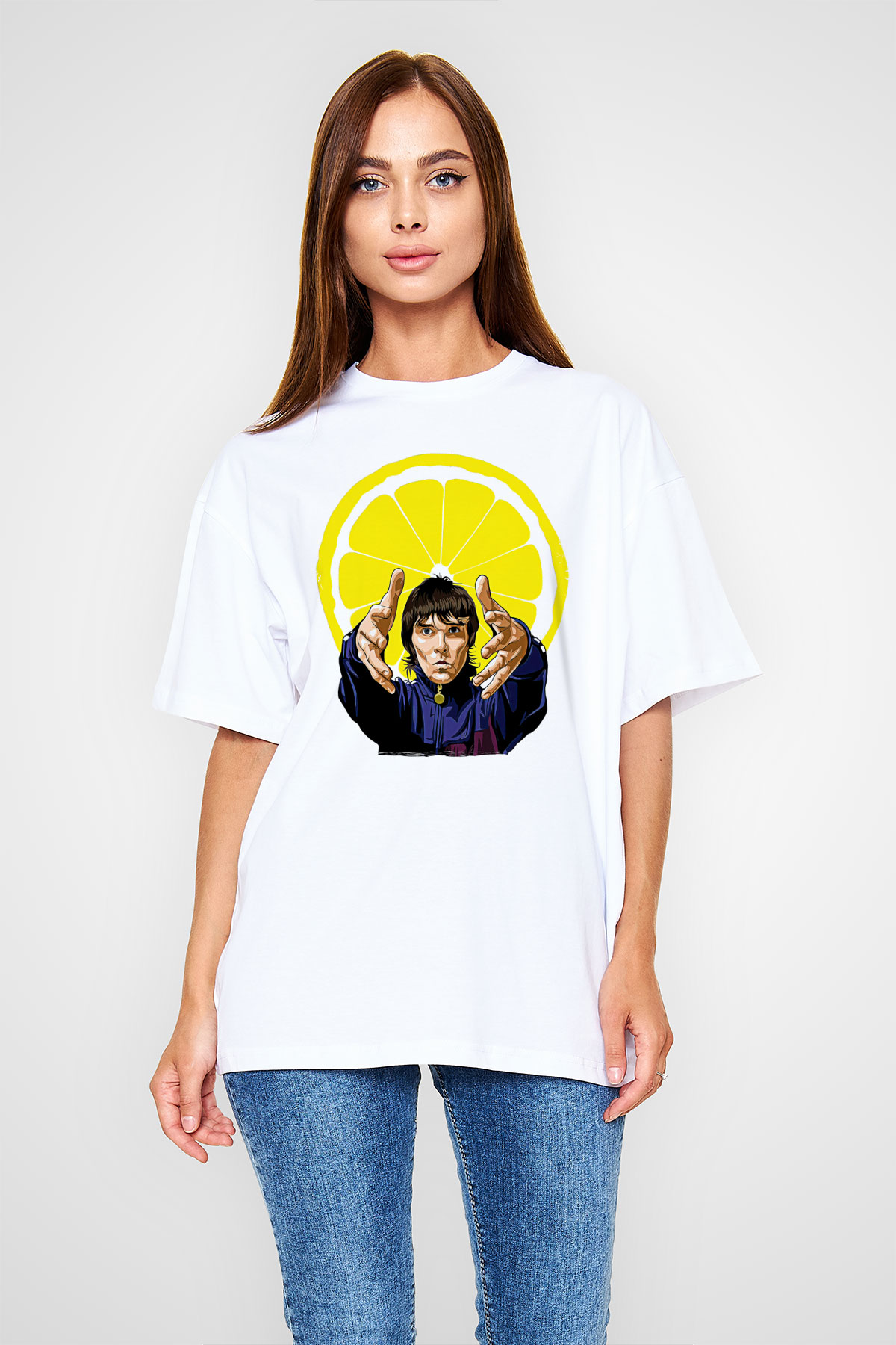 Lan Brown Baskılı Beyaz Unisex Oversize Tişört - Tshirt
