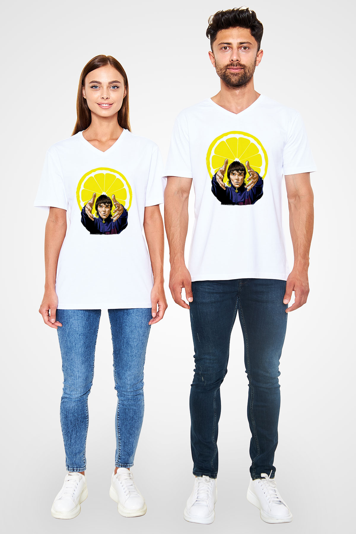 Lan Brown Baskılı Beyaz Unisex V Yaka Tişört - Tshirt