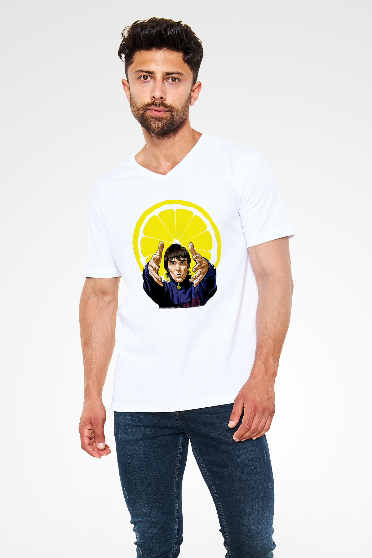 Lan Brown Baskılı Beyaz Unisex V Yaka Tişört - Tshirt