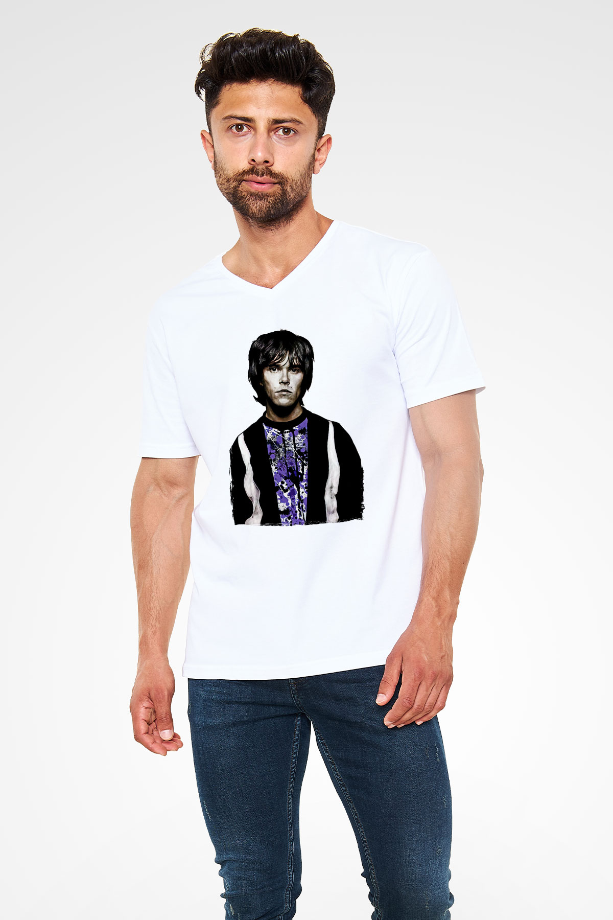 Lan Brown Baskılı Beyaz Unisex V Yaka Tişört - Tshirt