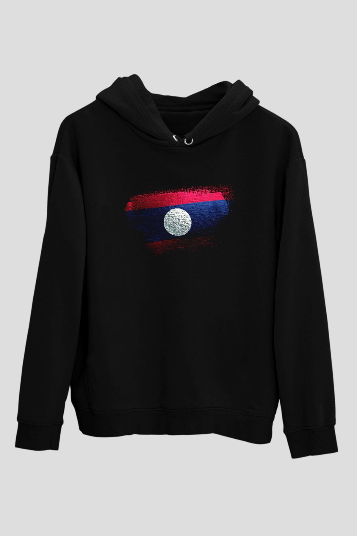 Laos Bayrağı Baskılı Unisex Siyah Kapüşonlu Sweatshirt