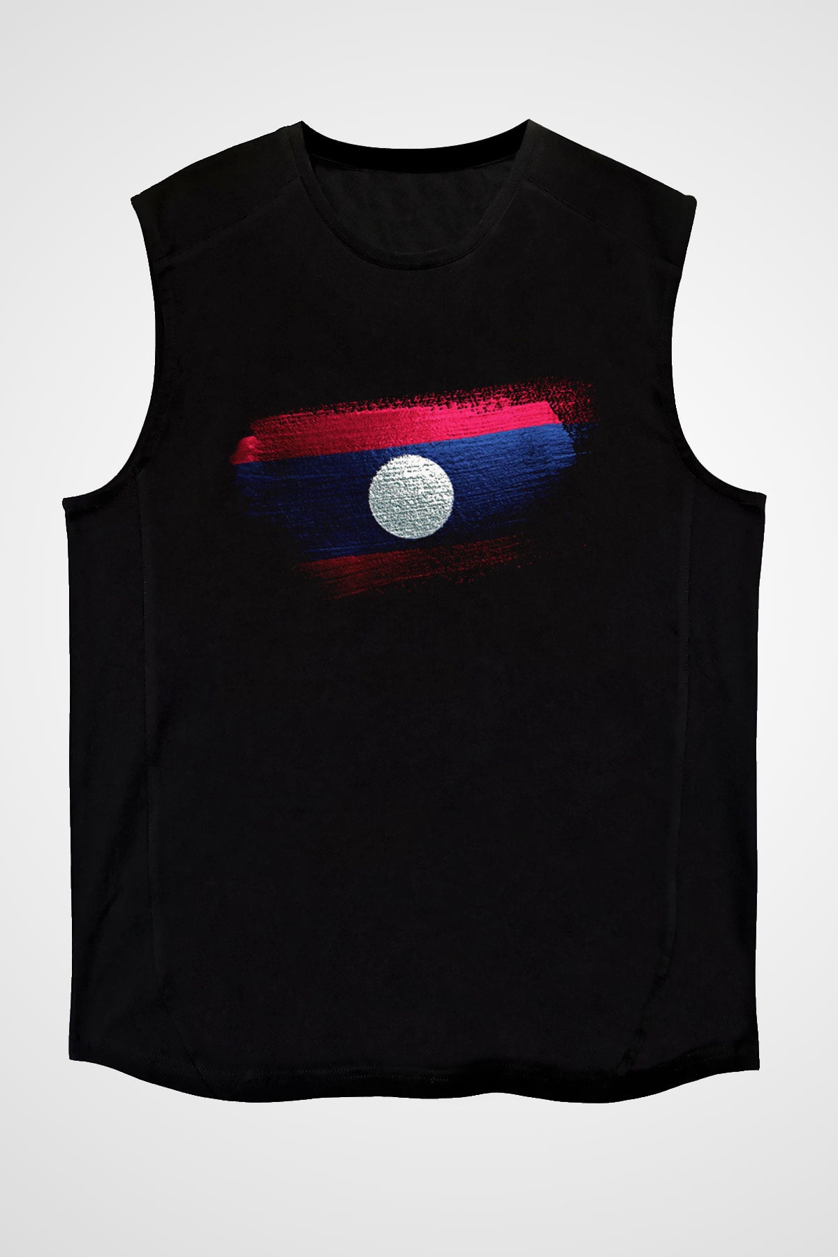 Laos Bayrağı Baskılı Unisex Siyah Kolsuz Tişört