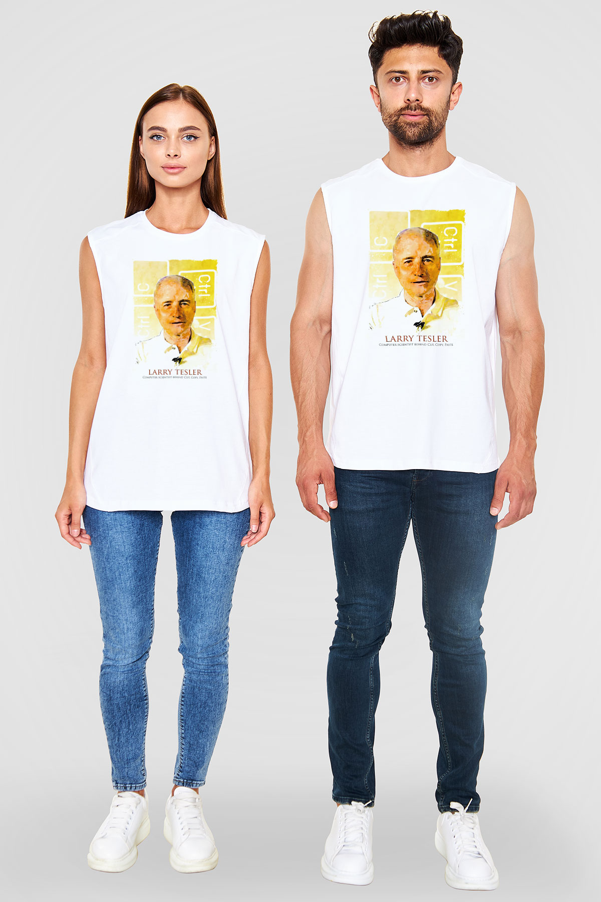 Larry Tesler Renkli Portre Baskılı Unisex Kolsuz Beyaz Tişört - Tshirt