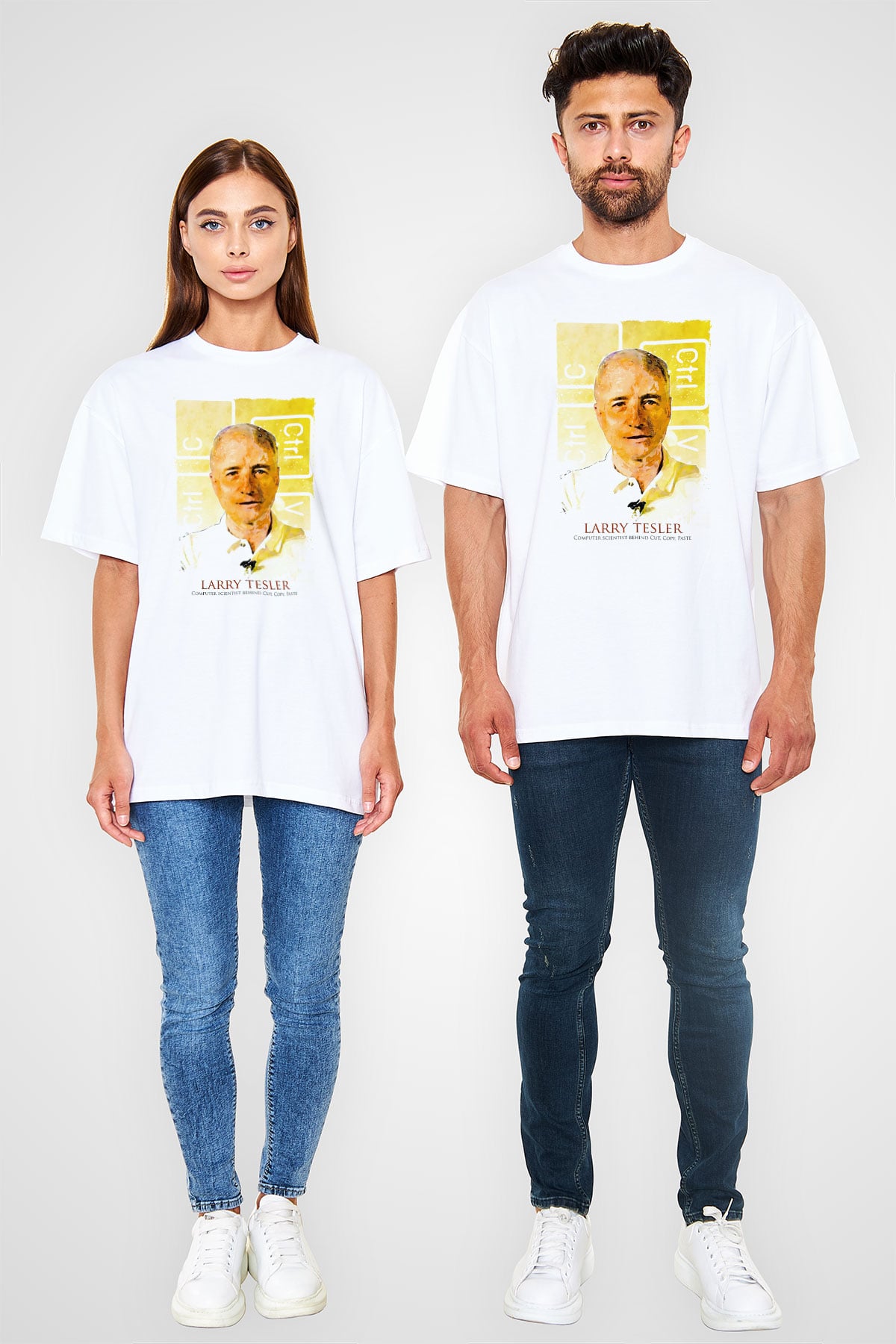 Larry Tesler Renkli Portre Baskılı Unisex Oversize Beyaz Tişört - Tshirt