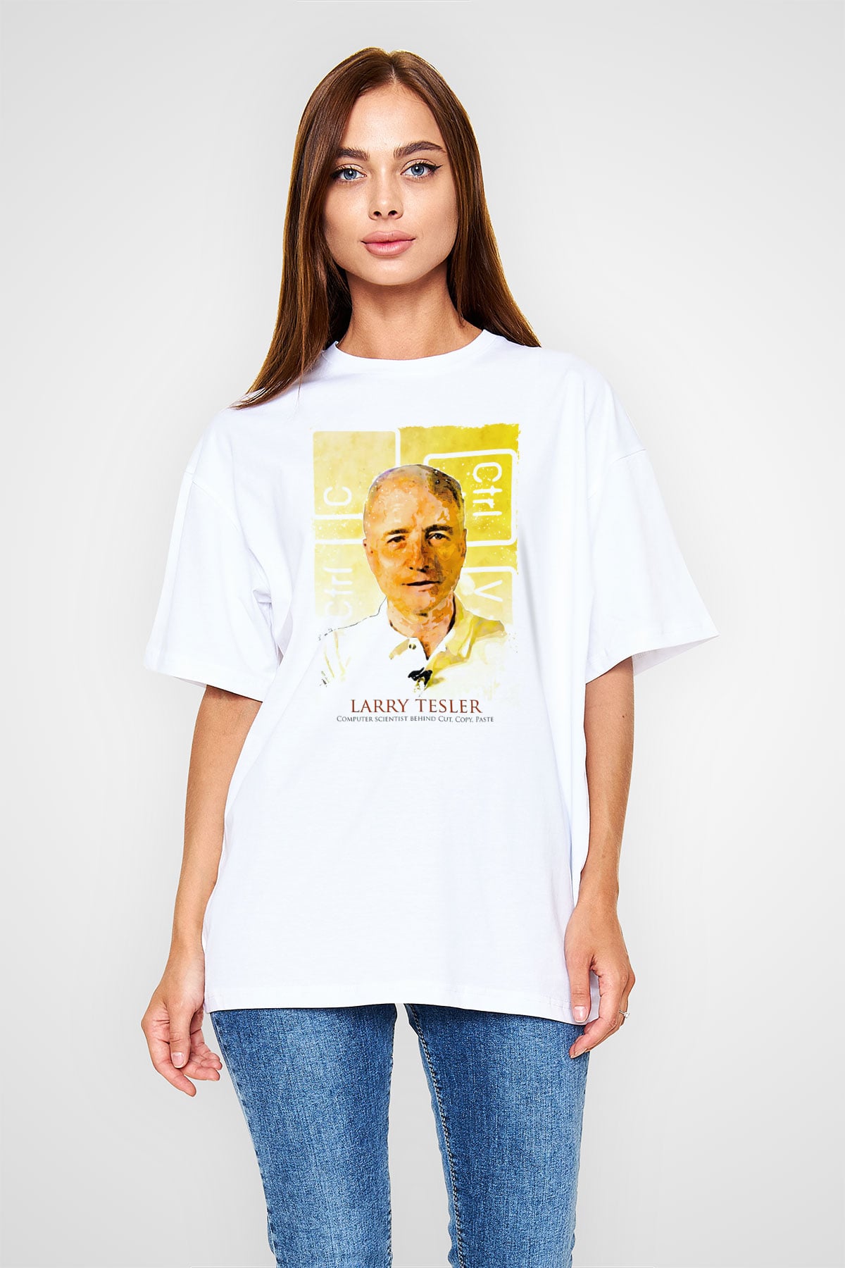 Larry Tesler Renkli Portre Baskılı Unisex Oversize Beyaz Tişört - Tshirt
