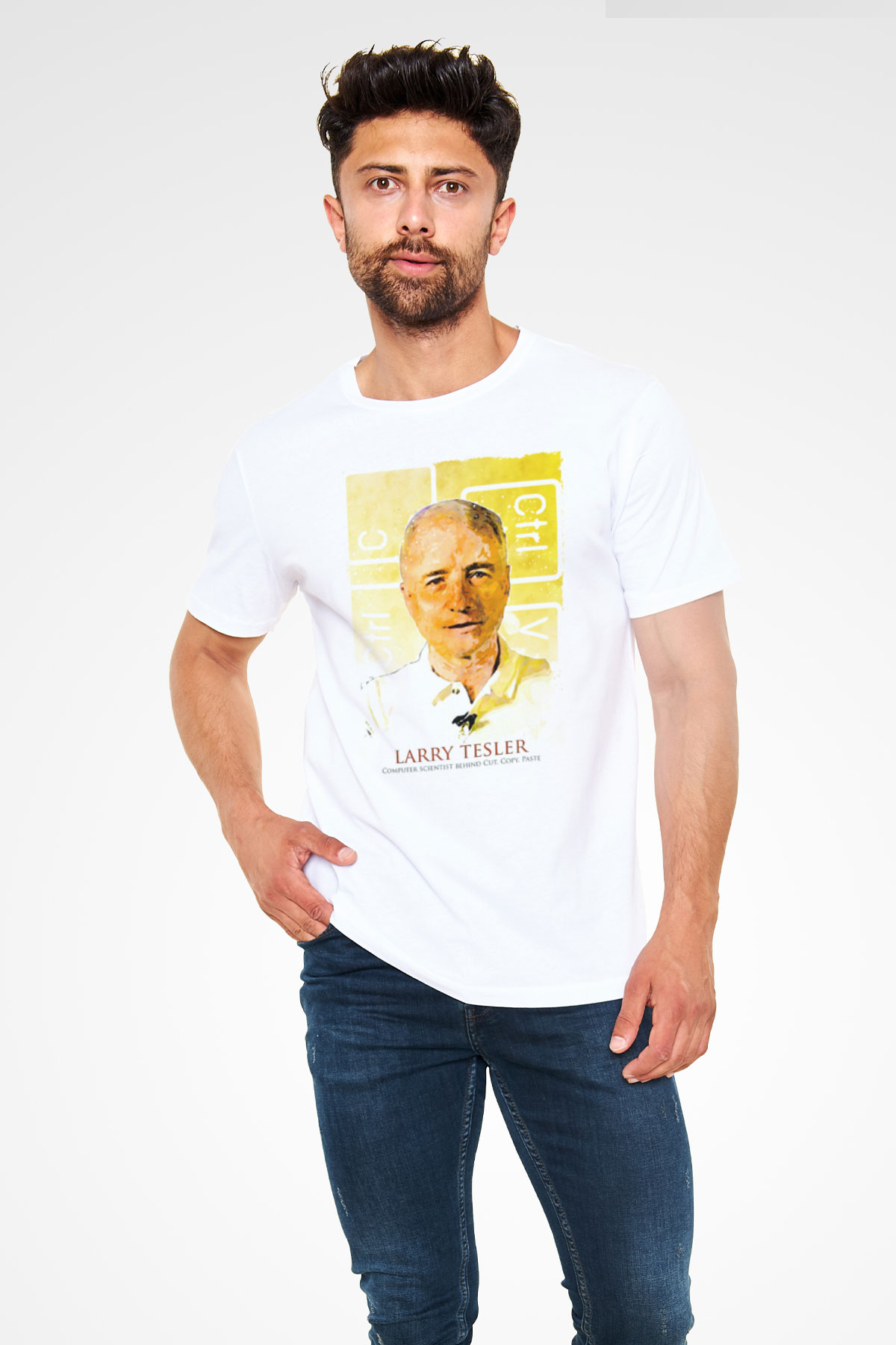Larry Tesler Renkli Portre Baskılı Unisex Beyaz Tişört - Tshirt