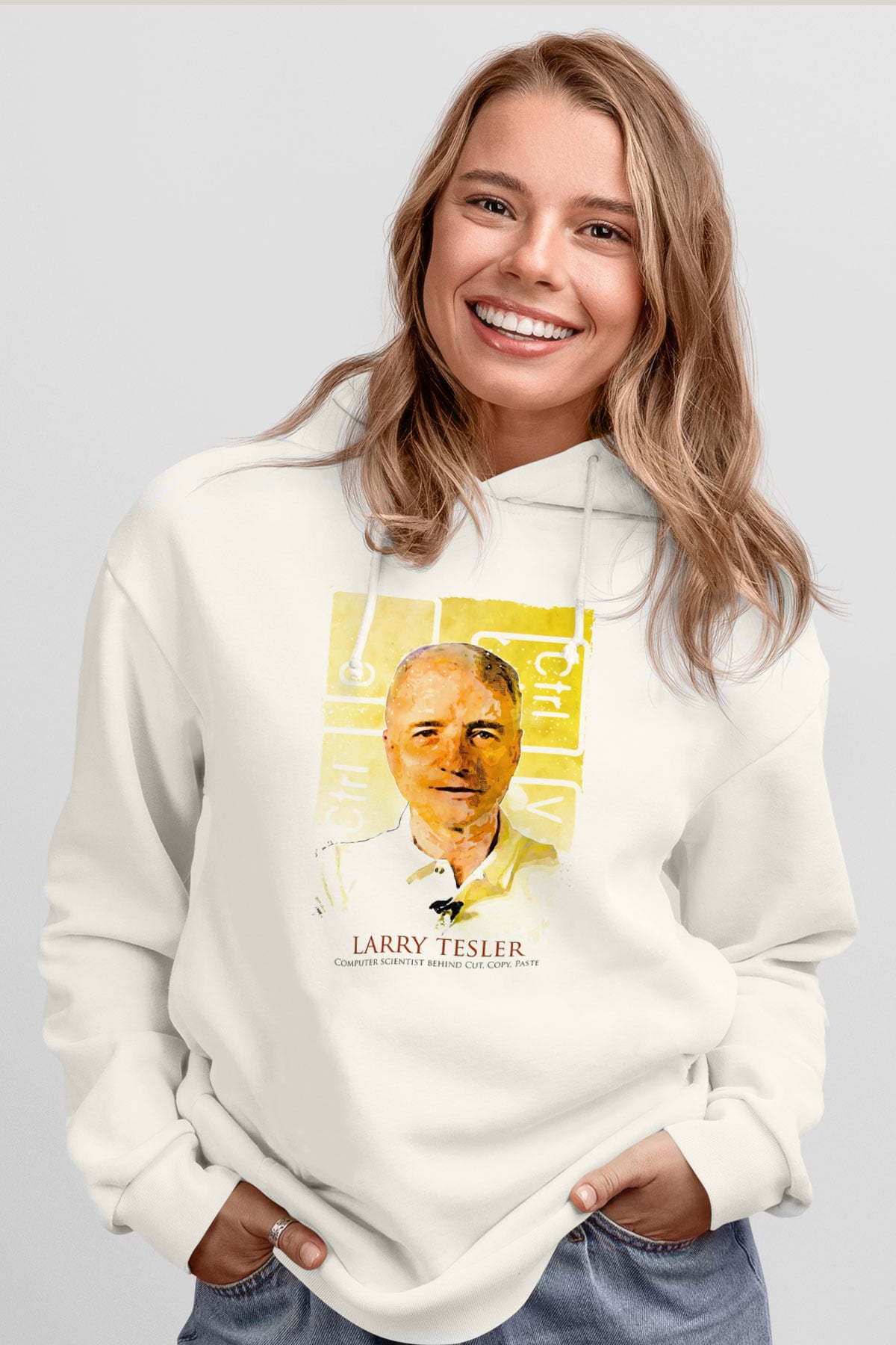 Larry Tesler Renkli Portre Baskılı Unisex Ekru Hoodie