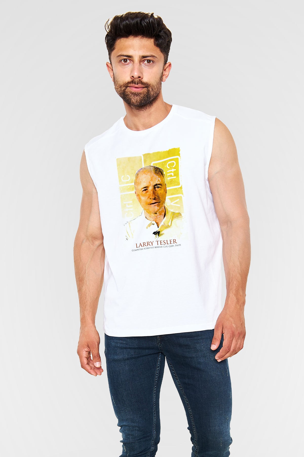 Larry Tesler Renkli Portre Baskılı Unisex Kolsuz Beyaz Tişört - Tshirt