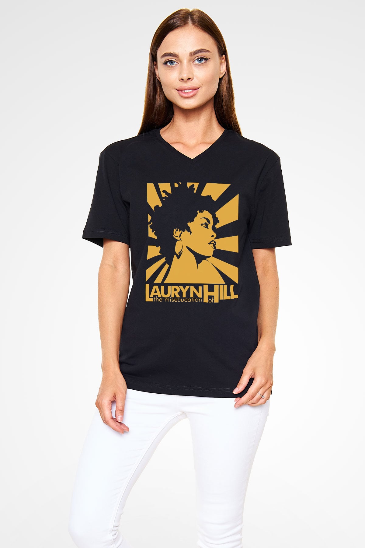 Lauryn Hill Siyah Unisex V Yaka Tişört T-Shirt