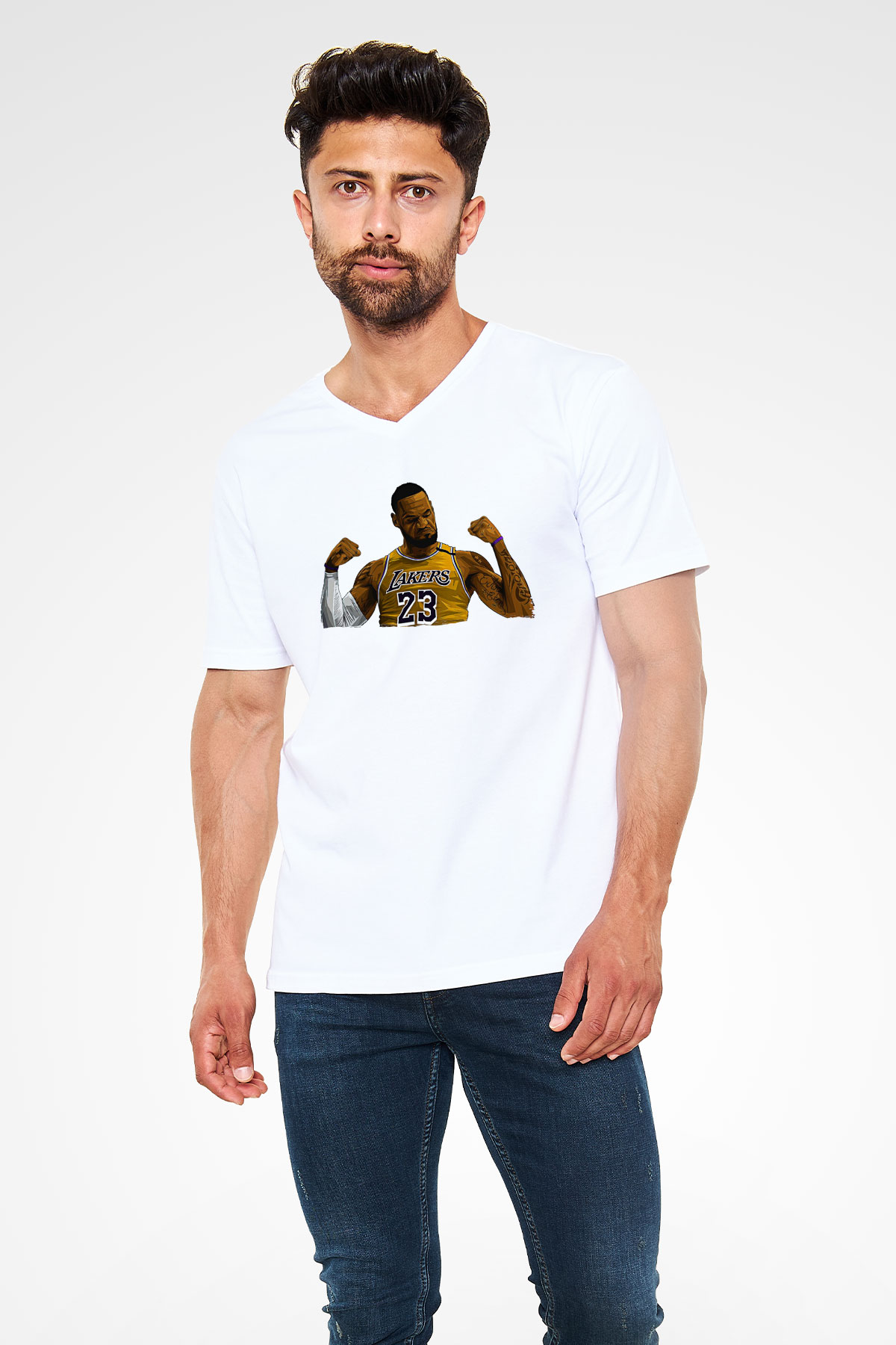 Lebron James Baskılı Beyaz Unisex V Yaka Tişört - Tshirt