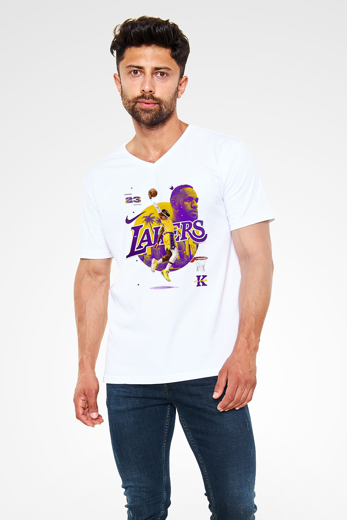 Lebron James Baskılı Beyaz Unisex V Yaka Tişört - Tshirt